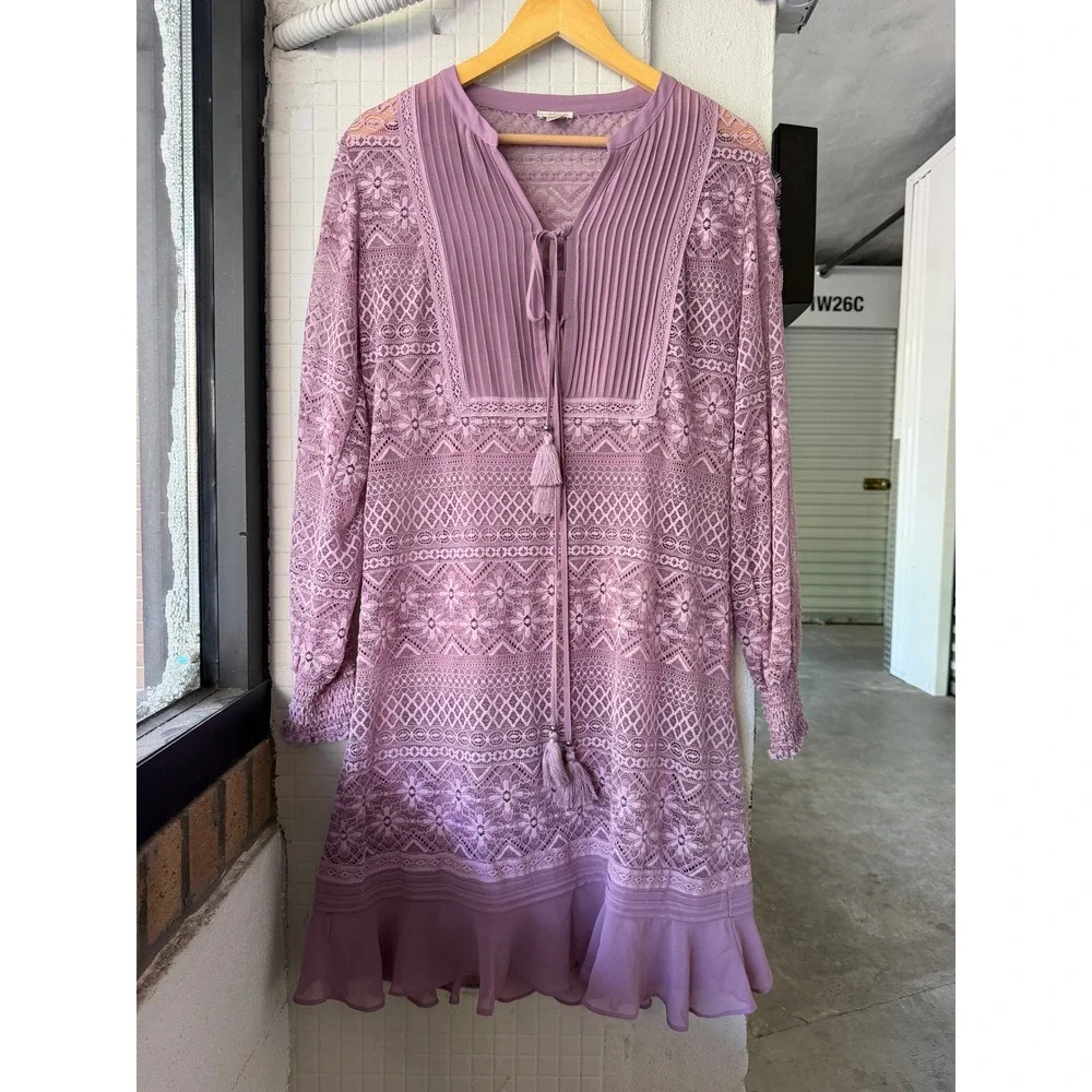 Sundance Lace Mini Dress S Purple Boho Pleated Tassel Ruffle Flounce Hem